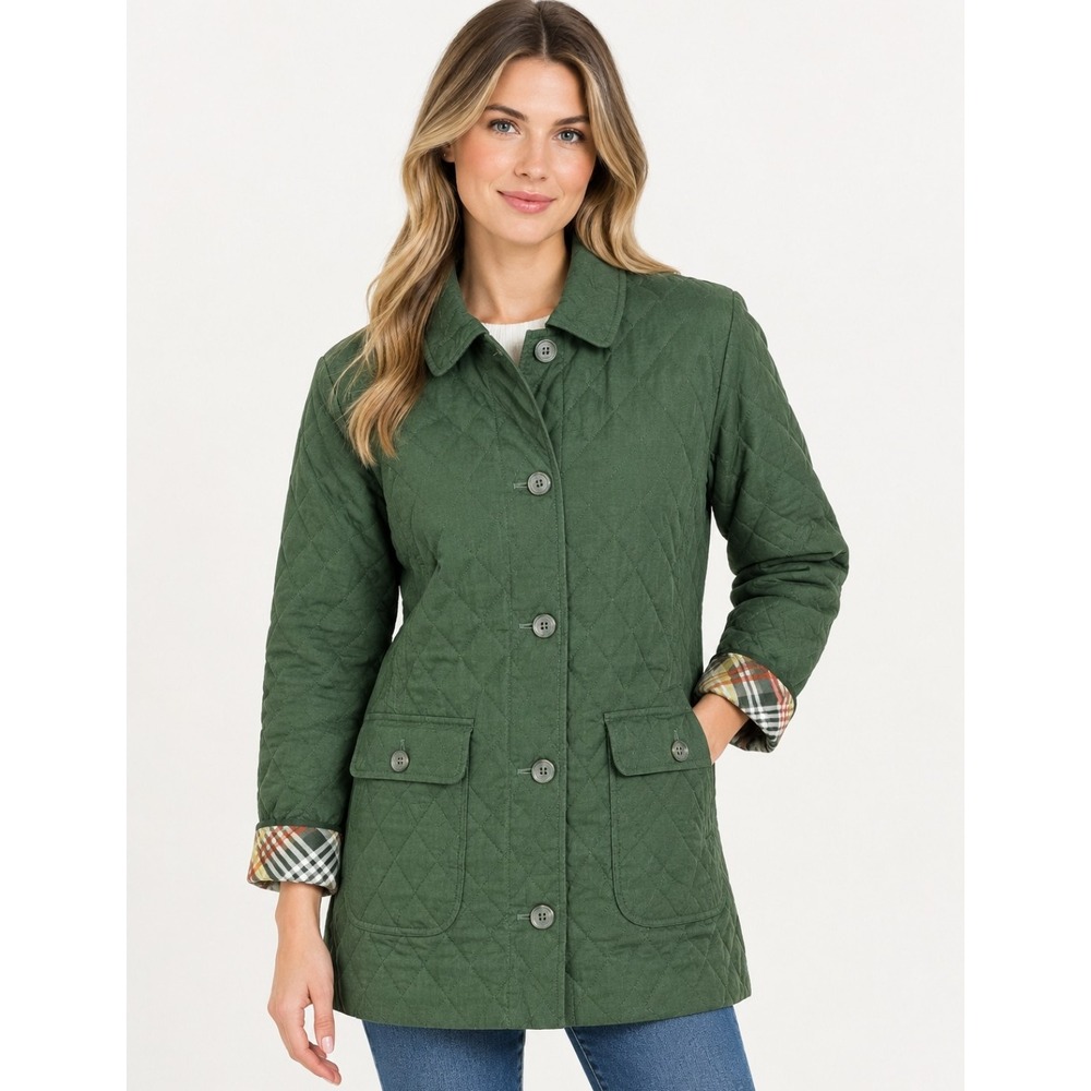 Talbots Quilted Corduroy Jacket Womens XL Green Excellent Plaid Trim Barn Coat